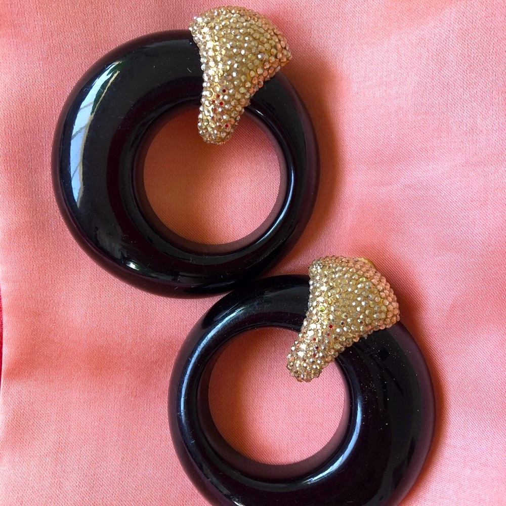 Vintage XL Acetate Rhinestone Clip-On Statement Hoop Earrings